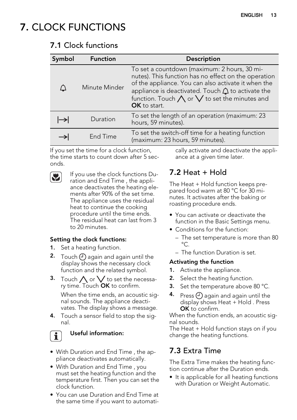 Clock functions, 1 clock functions, 2 heat + hold | 3 extra time | AEG MCD3881E-M User Manual | Page 13 / 28
