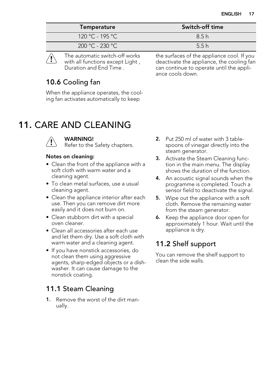 Care and cleaning, 6 cooling fan, 1 steam cleaning | 2 shelf support | AEG MCD3881E-M User Manual | Page 17 / 28