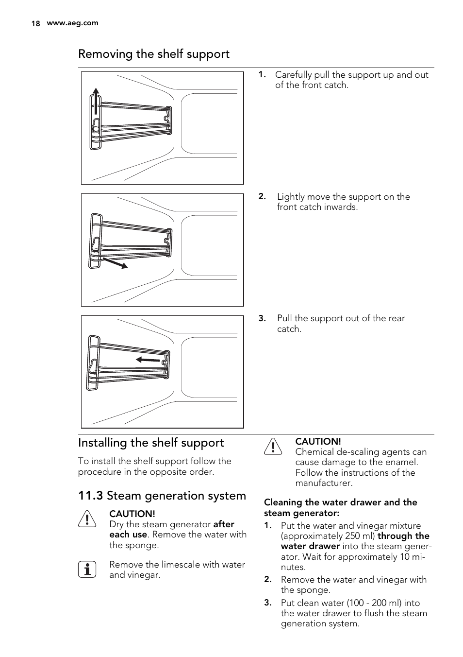 Removing the shelf support, Installing the shelf support, 3 steam generation system | AEG MCD3881E-M User Manual | Page 18 / 28