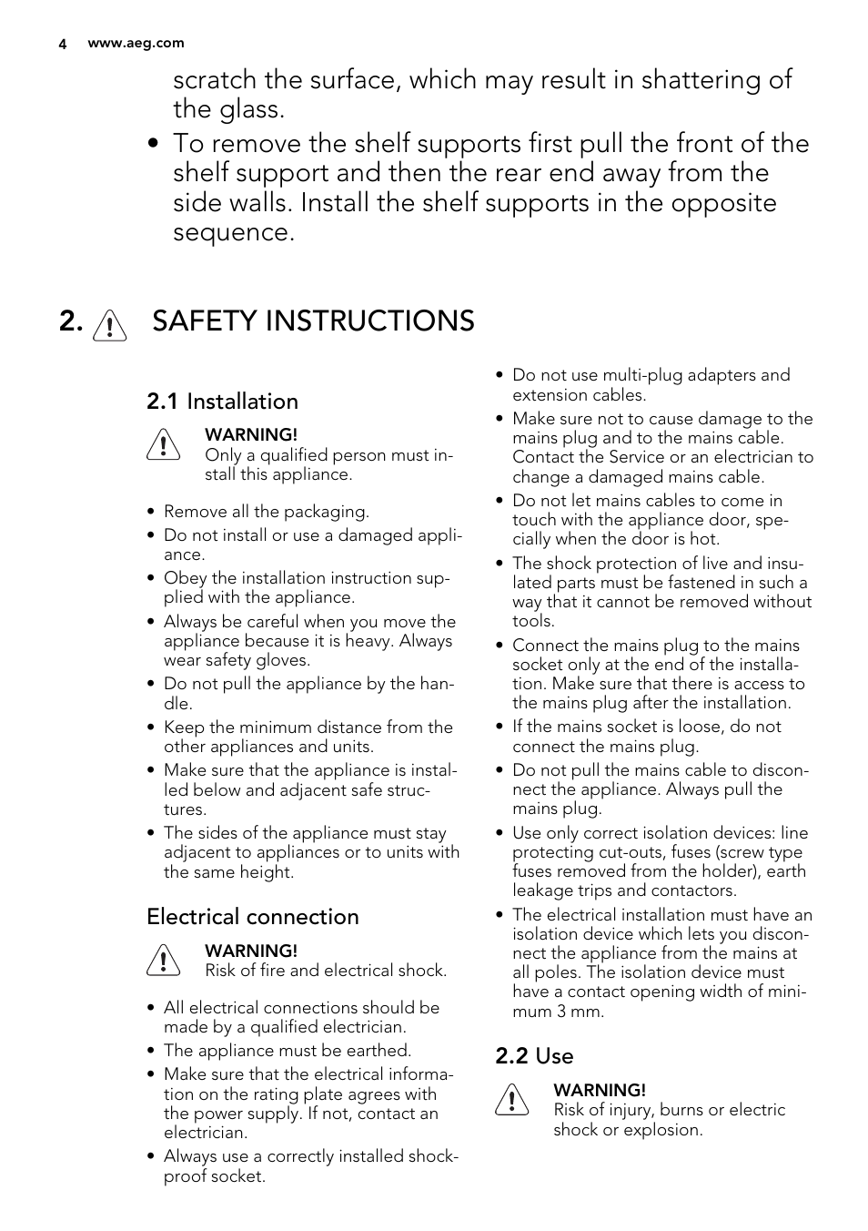 Safety instructions, 1 installation, Electrical connection | 2 use | AEG MCD3881E-M User Manual | Page 4 / 28