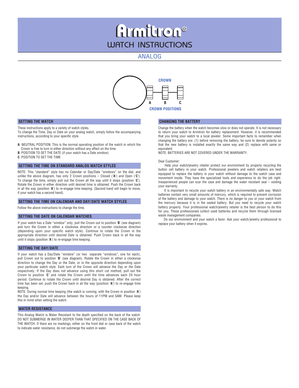 Armitron Analog User Manual | 1 page