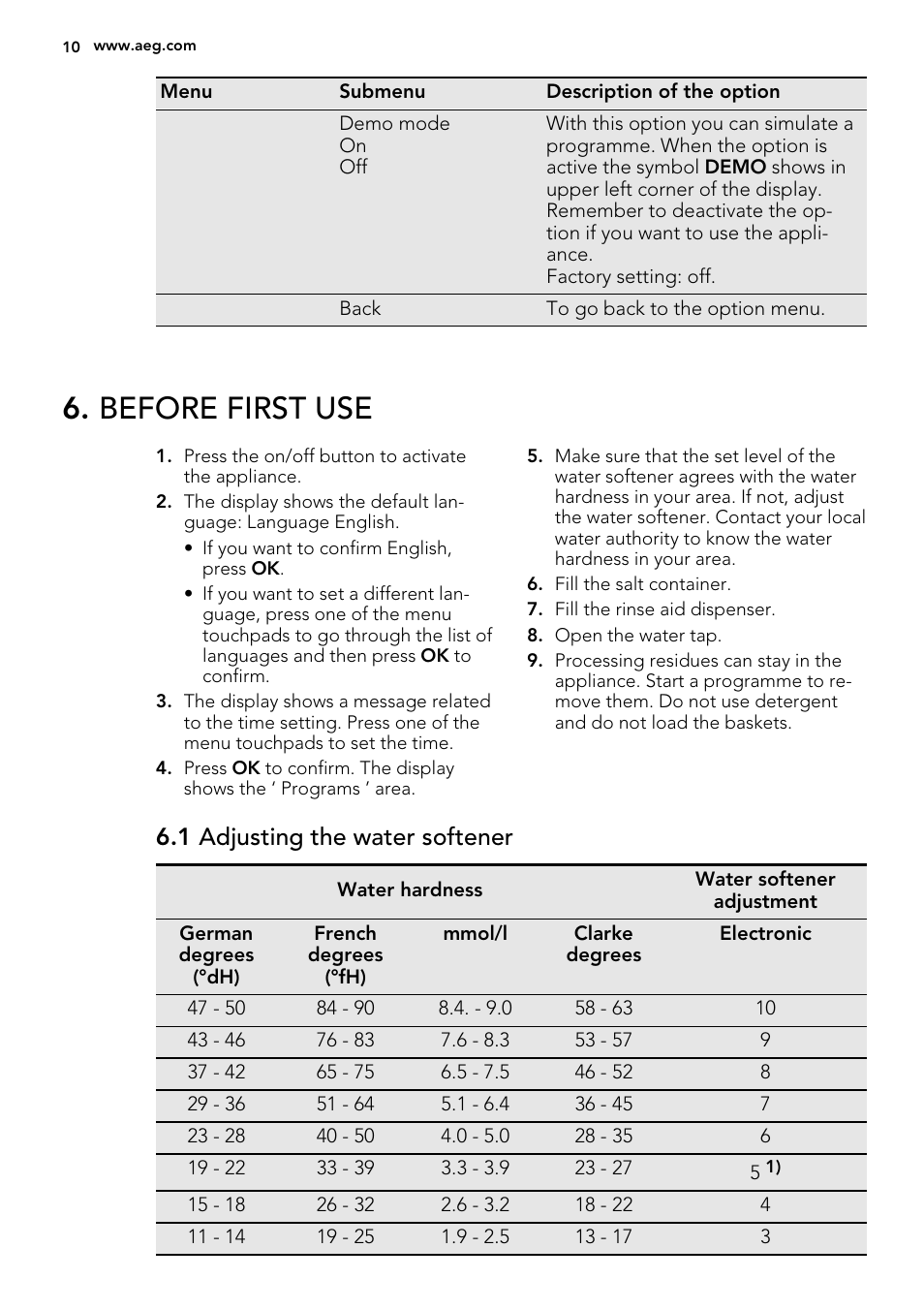 Before first use, 1 adjusting the water softener | AEG F99009W0P User Manual | Page 10 / 20