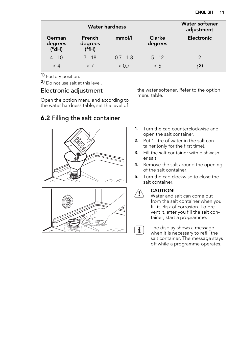 Electronic adjustment, 2 filling the salt container | AEG F99009W0P User Manual | Page 11 / 20