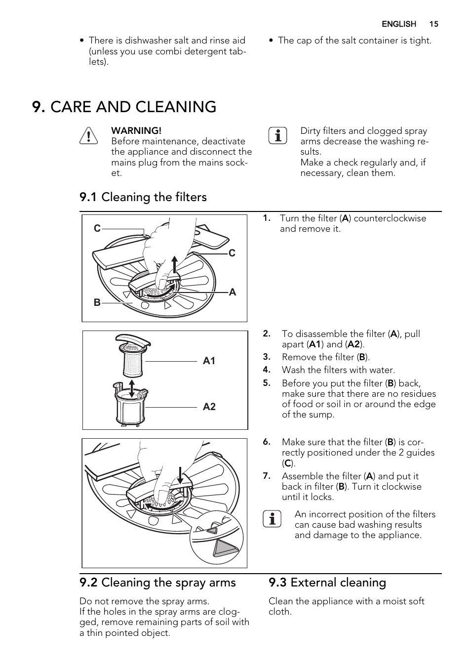 Care and cleaning, 1 cleaning the filters, 2 cleaning the spray arms | 3 external cleaning | AEG F99009W0P User Manual | Page 15 / 20