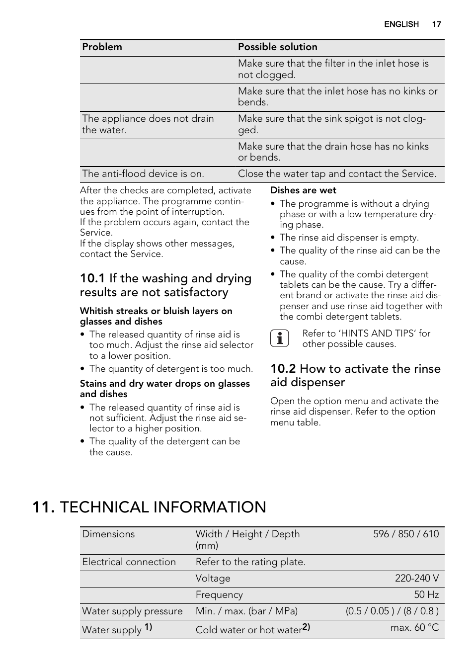 Technical information, 2 how to activate the rinse aid dispenser | AEG F99009W0P User Manual | Page 17 / 20