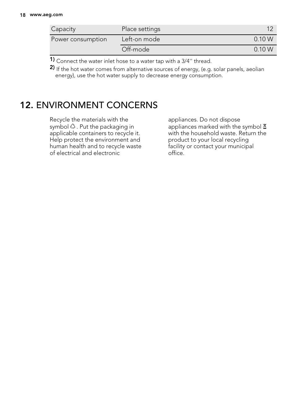 Environment concerns | AEG F99009W0P User Manual | Page 18 / 20