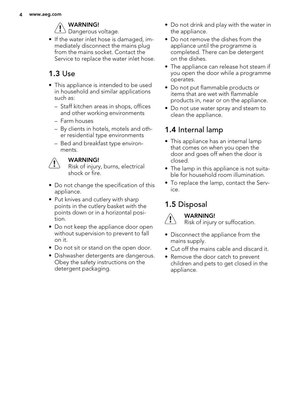 3 use, 4 internal lamp, 5 disposal | AEG F99009W0P User Manual | Page 4 / 20