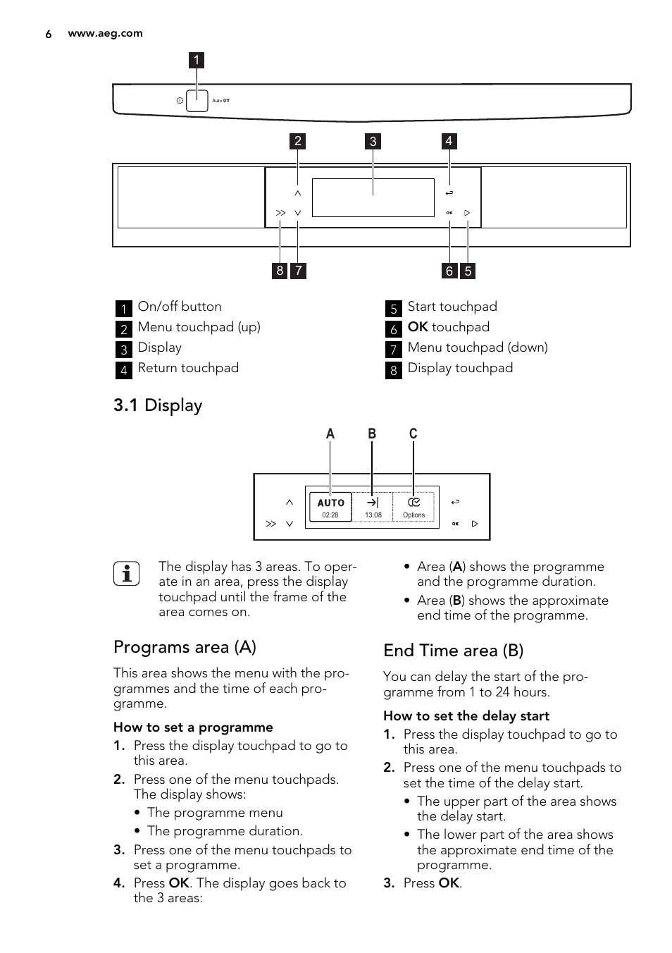 1 display, Programs area (a), End time area (b) | AEG F99009W0P User Manual | Page 6 / 20