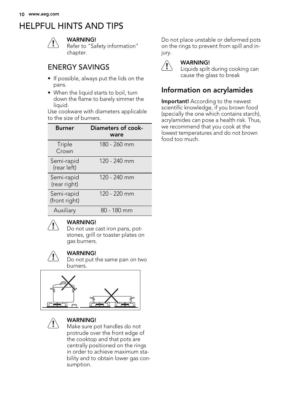 Helpful hints and tips, Energy savings, Information on acrylamides | AEG HG694340XB User Manual | Page 10 / 20