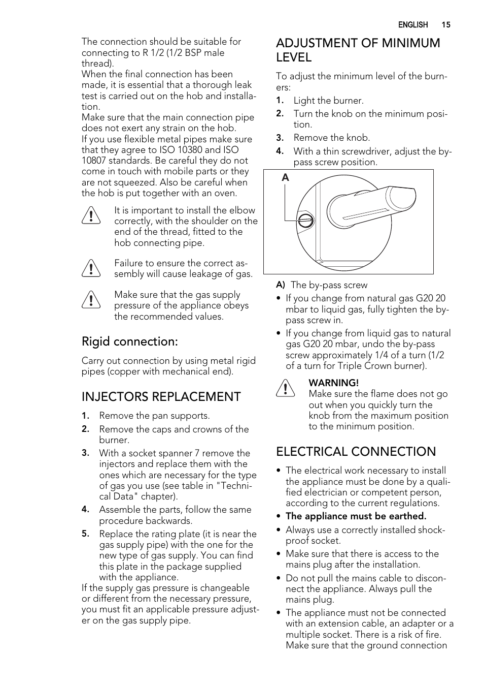 Rigid connection, Injectors replacement, Adjustment of minimum level | Electrical connection | AEG HG694340XB User Manual | Page 15 / 20