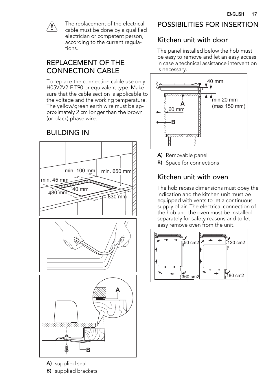 Replacement of the connection cable, Building in, Possibilities for insertion kitchen unit with door | Kitchen unit with oven | AEG HG694340XB User Manual | Page 17 / 20