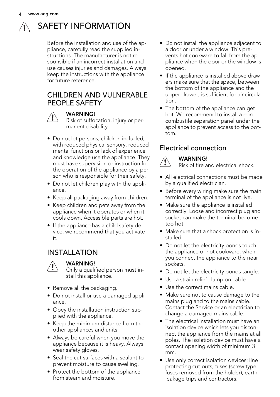 Safety information, Children and vulnerable people safety, Installation | Electrical connection | AEG HG694340XB User Manual | Page 4 / 20