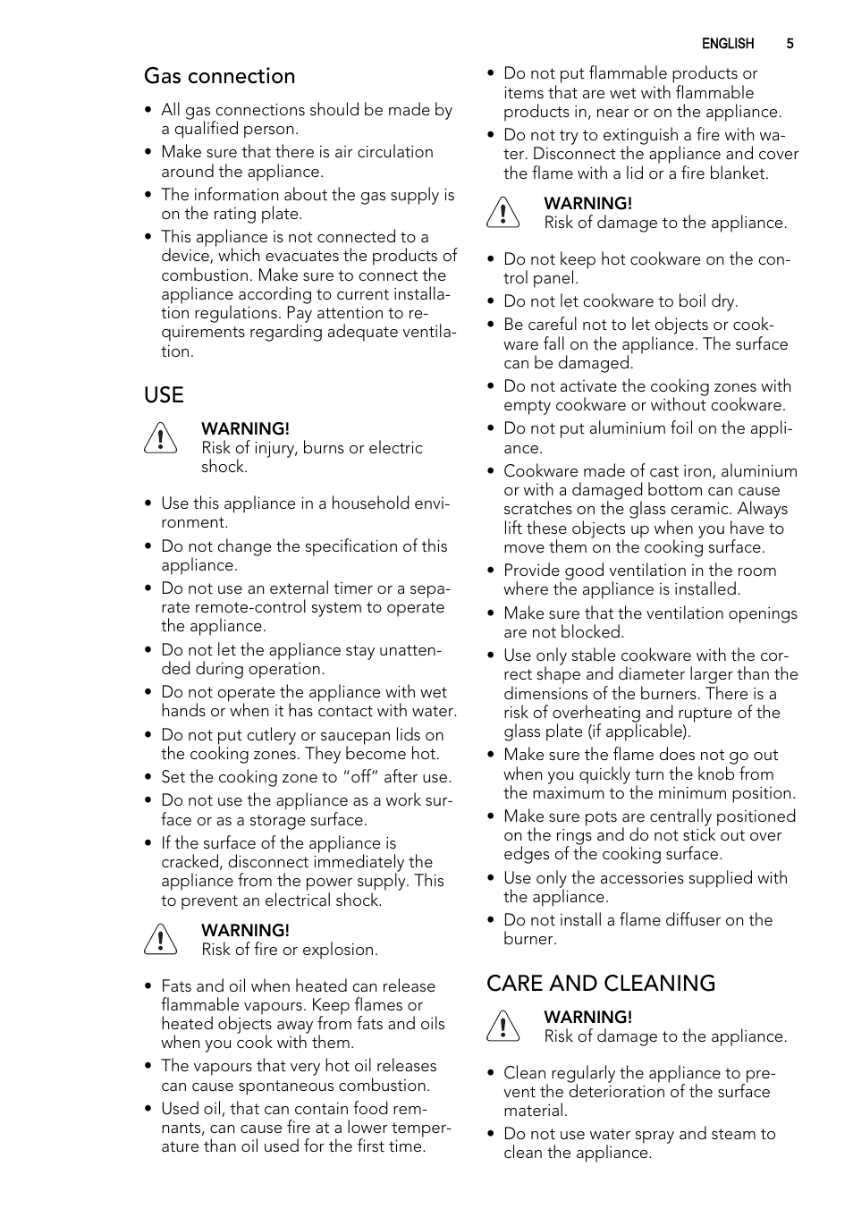 Gas connection, Care and cleaning | AEG HG694340XB User Manual | Page 5 / 20