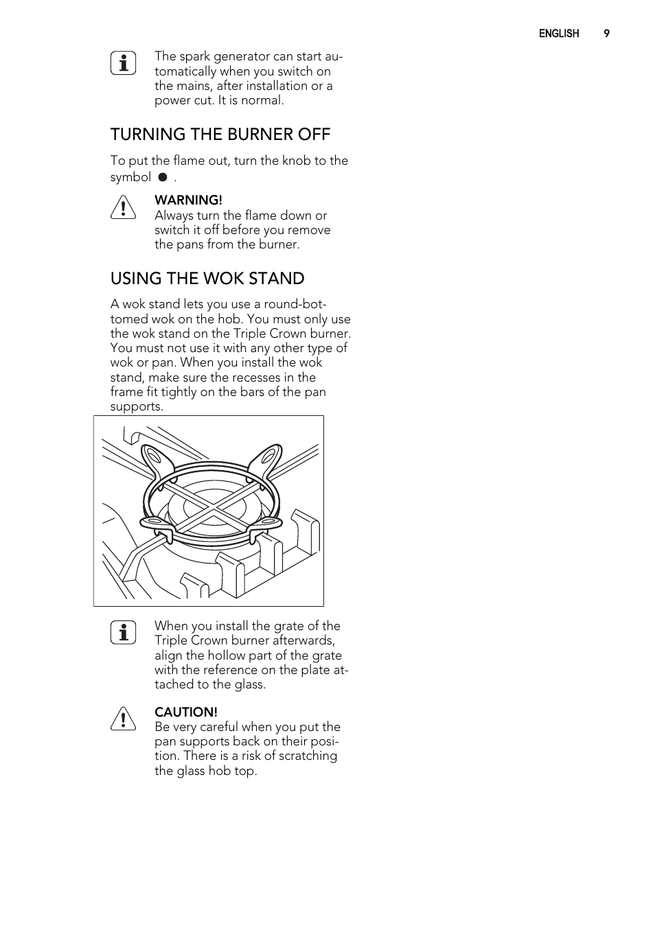 Turning the burner off, Using the wok stand | AEG HG694340XB User Manual | Page 9 / 20