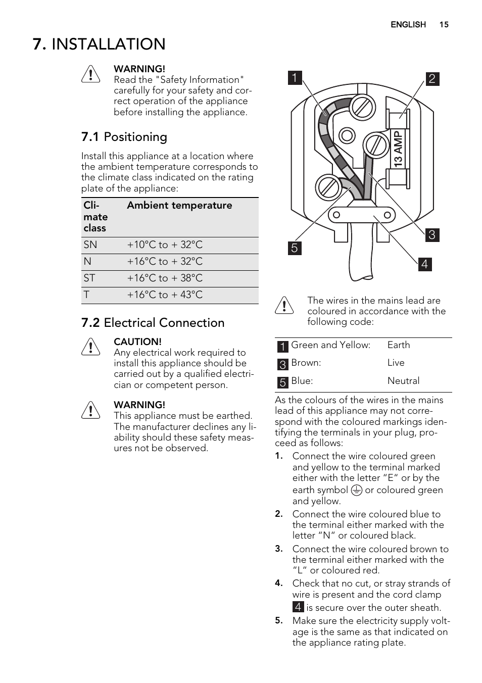 Installation, 1 positioning, 2 electrical connection | AEG SCS51810S0 User Manual | Page 15 / 24