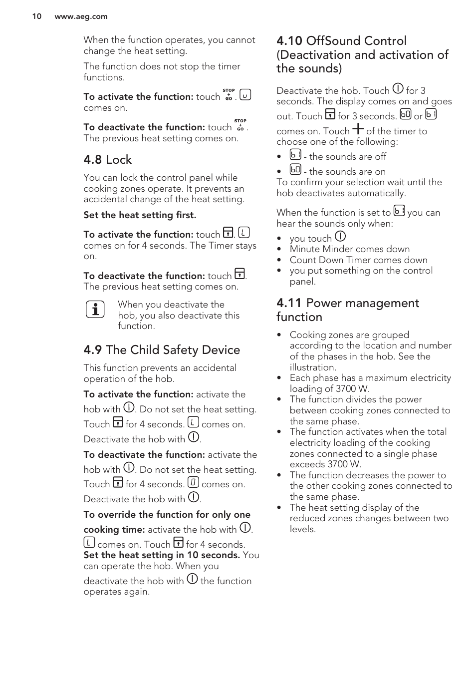 8 lock, 9 the child safety device, 11 power management function | AEG HK764403XB User Manual | Page 10 / 20