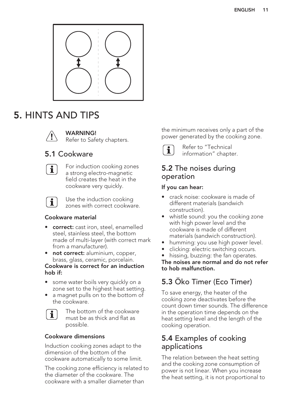 Hints and tips, 1 cookware, 2 the noises during operation | 3 öko timer (eco timer), 4 examples of cooking applications | AEG HK764403XB User Manual | Page 11 / 20