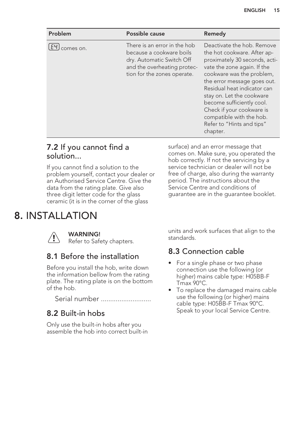 2 if you cannot find a solution, Installation, 1 before the installation | 2 built-in hobs, 3 connection cable | AEG HK764403XB User Manual | Page 15 / 20