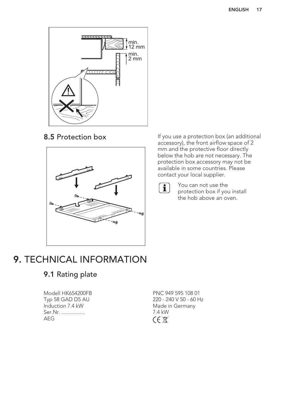 5 protection box, Technical information, 1 rating plate | AEG HK764403XB User Manual | Page 17 / 20