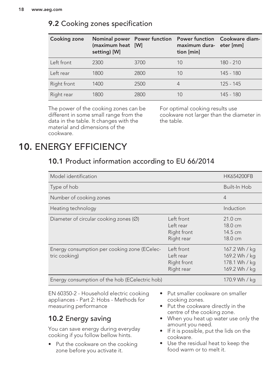 2 cooking zones specification, Energy efficiency, 1 product information according to eu 66/2014 | 2 energy saving | AEG HK764403XB User Manual | Page 18 / 20