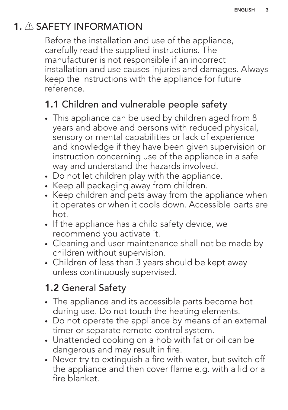 Safety information, 1 children and vulnerable people safety, 2 general safety | AEG HK764403XB User Manual | Page 3 / 20