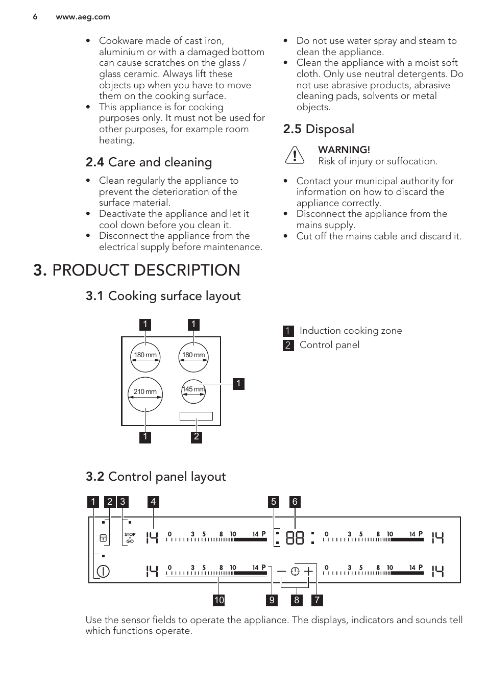 4 care and cleaning, 5 disposal, Product description | 1 cooking surface layout, 2 control panel layout | AEG HK764403XB User Manual | Page 6 / 20