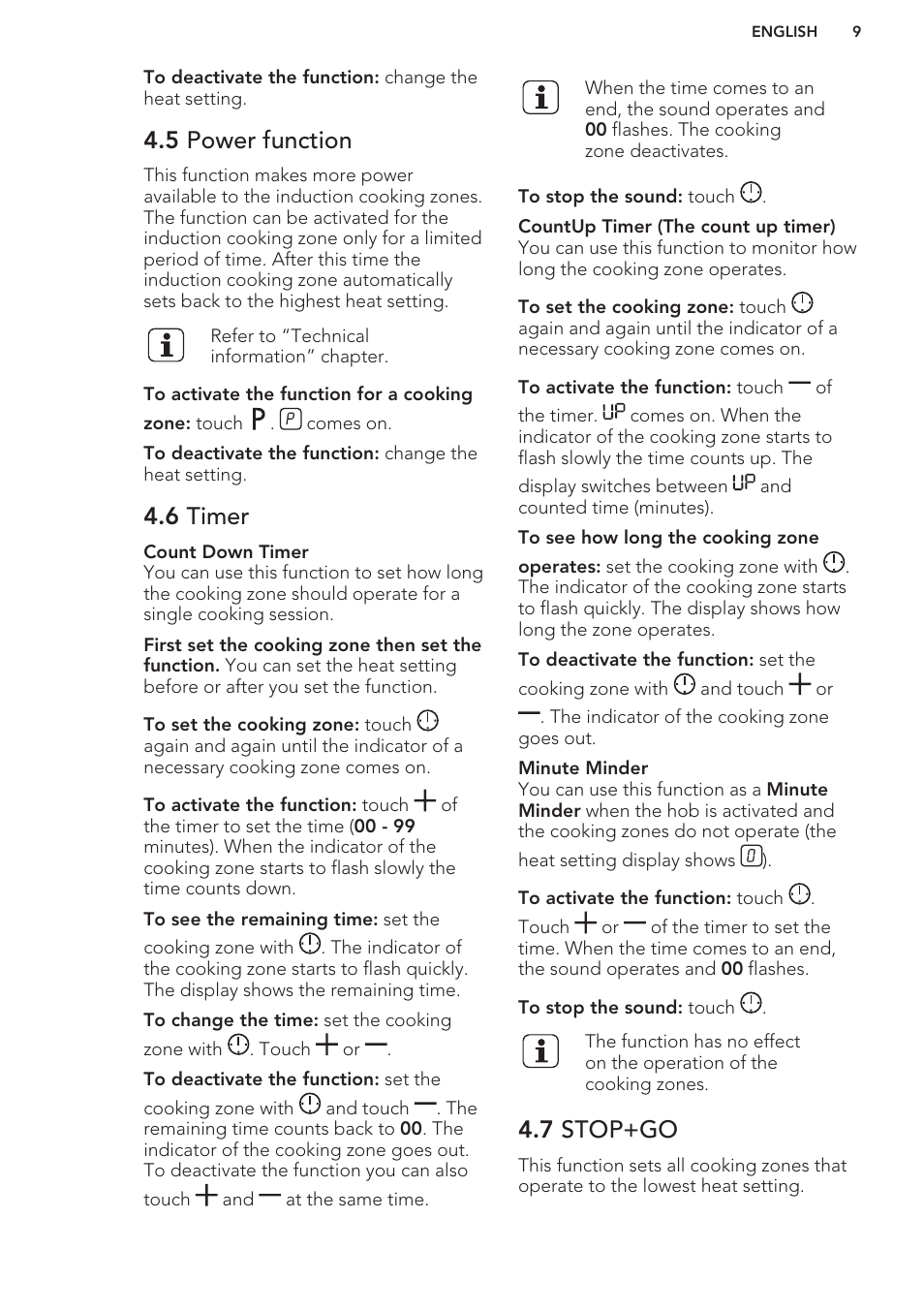 5 power function, 6 timer, 7 stop+go | AEG HK764403XB User Manual | Page 9 / 20