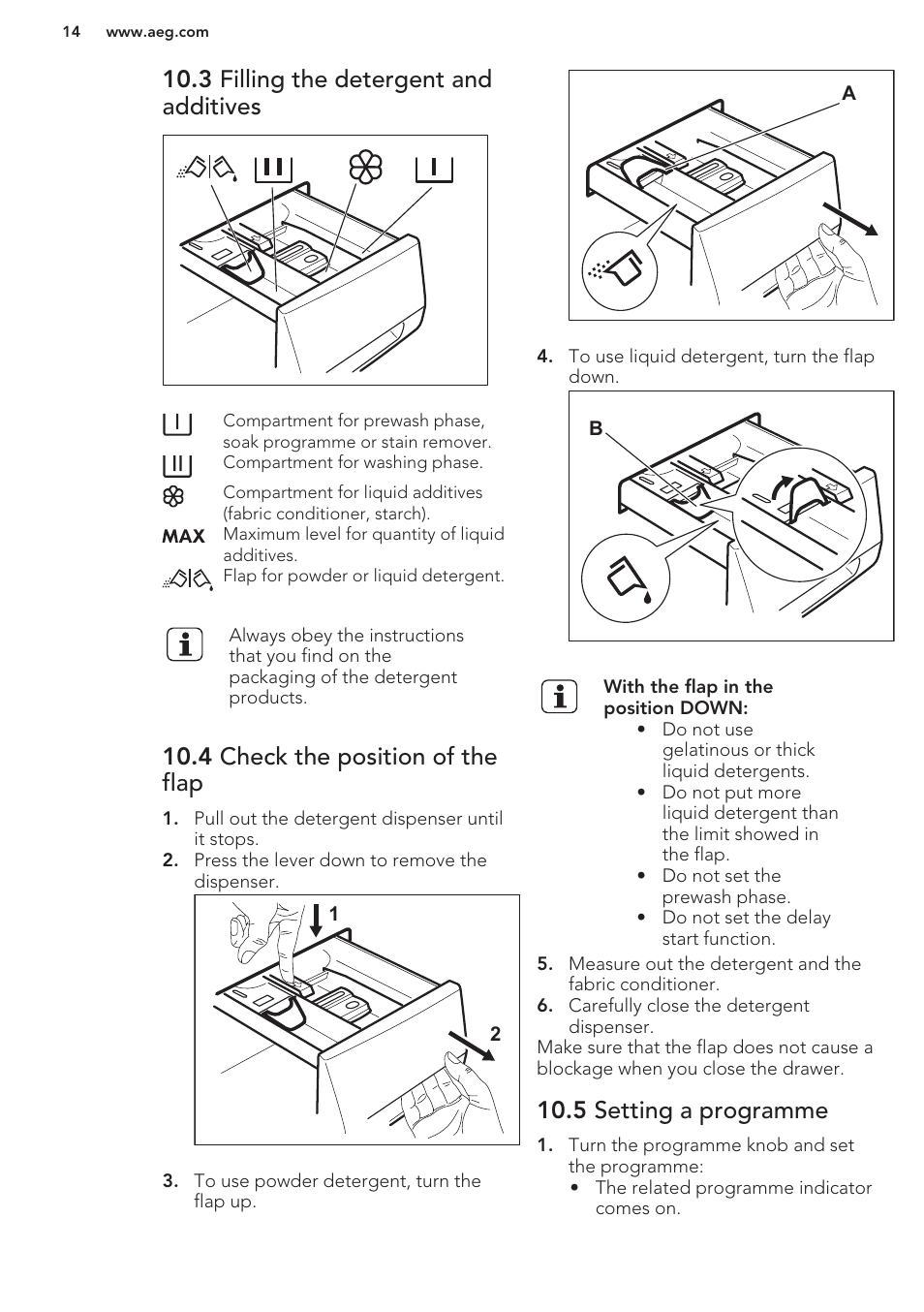 3 filling the detergent and additives, 4 check the position of the flap, 5 setting a programme | AEG L87480FL User Manual | Page 14 / 28