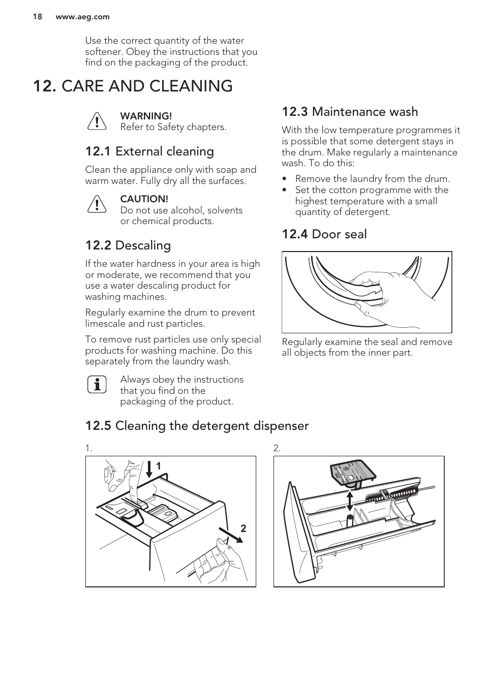 Care and cleaning, 1 external cleaning, 2 descaling | 3 maintenance wash, 4 door seal, 5 cleaning the detergent dispenser | AEG L87480FL User Manual | Page 18 / 28