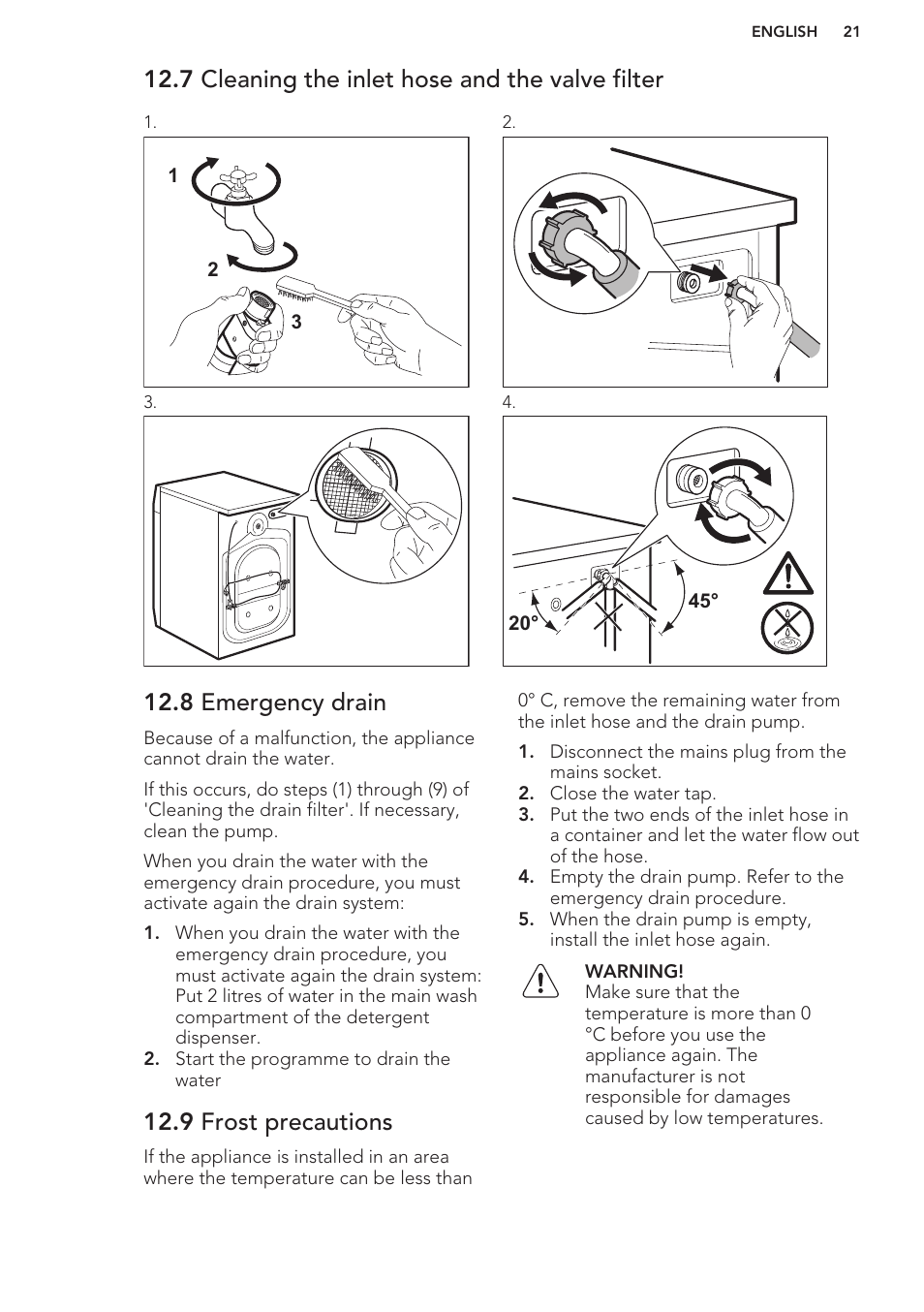 7 cleaning the inlet hose and the valve filter, 8 emergency drain, 9 frost precautions | Troubleshooting | AEG L87480FL User Manual | Page 21 / 28