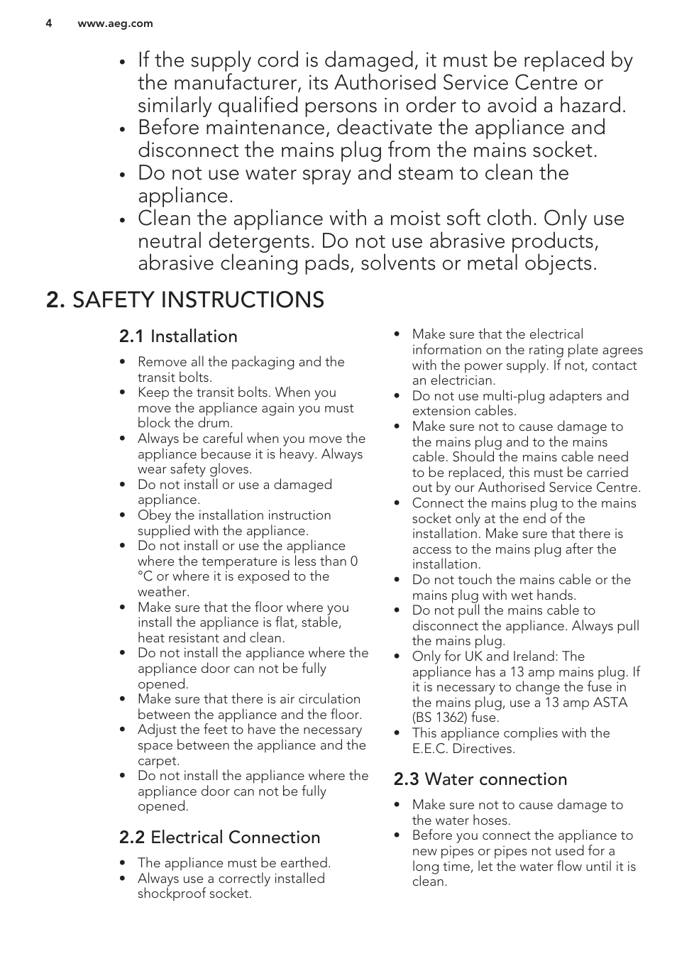 Safety instructions, 1 installation, 2 electrical connection | 3 water connection | AEG L87480FL User Manual | Page 4 / 28