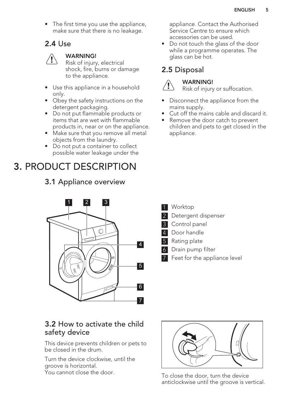 4 use, 5 disposal, Product description | 1 appliance overview, 2 how to activate the child safety device | AEG L87480FL User Manual | Page 5 / 28