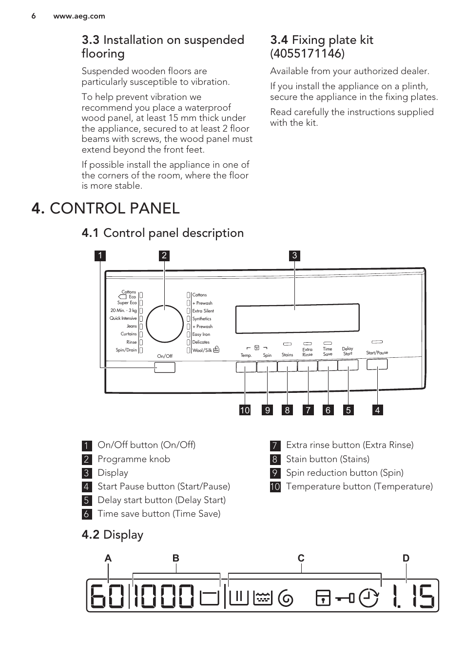 3 installation on suspended flooring, 4 fixing plate kit (4055171146), Control panel | 1 control panel description, 2 display, Ab c d | AEG L87480FL User Manual | Page 6 / 28