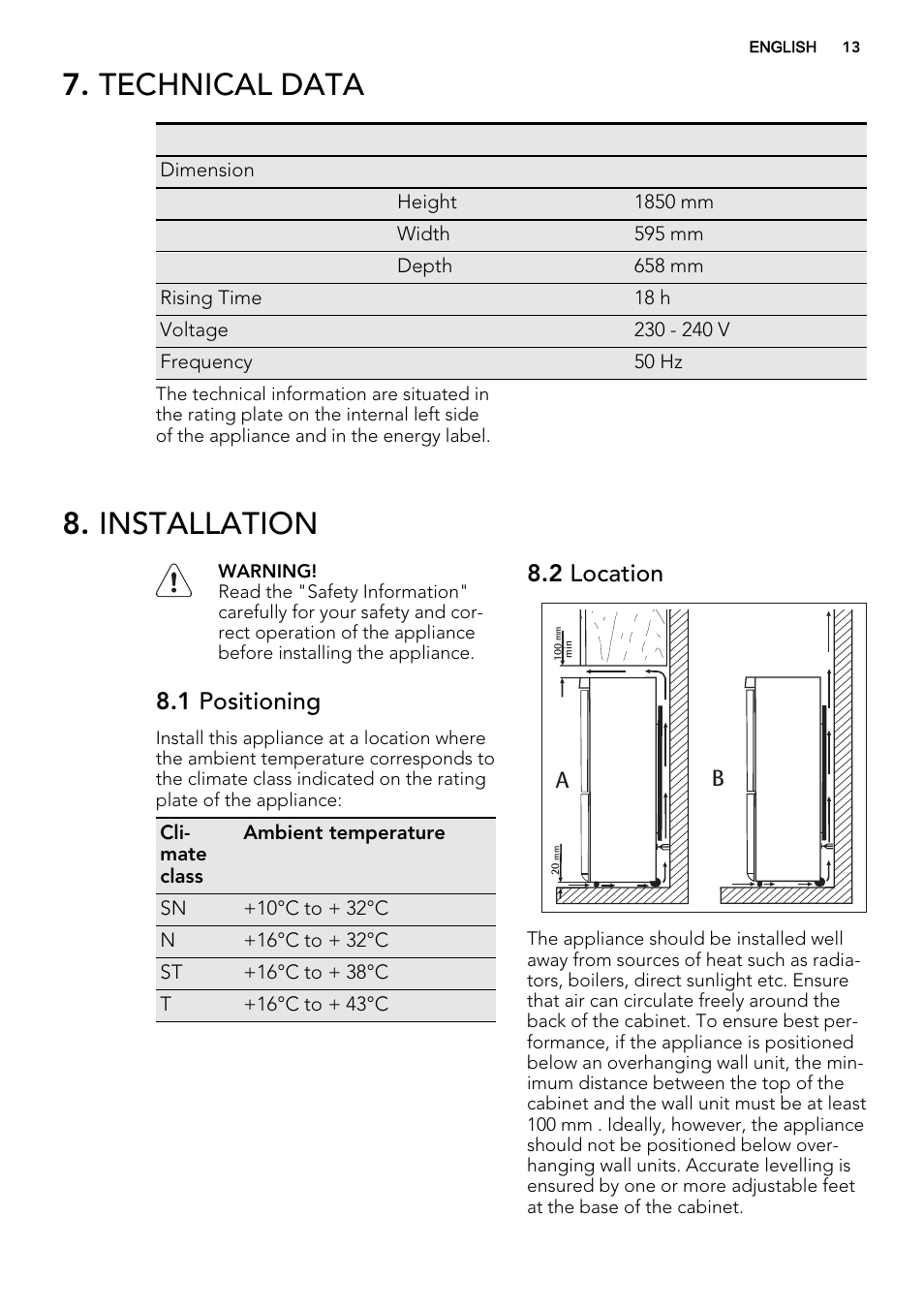 Technical data, Installation, 1 positioning | 2 location | AEG S95500XNM0 User Manual | Page 13 / 16