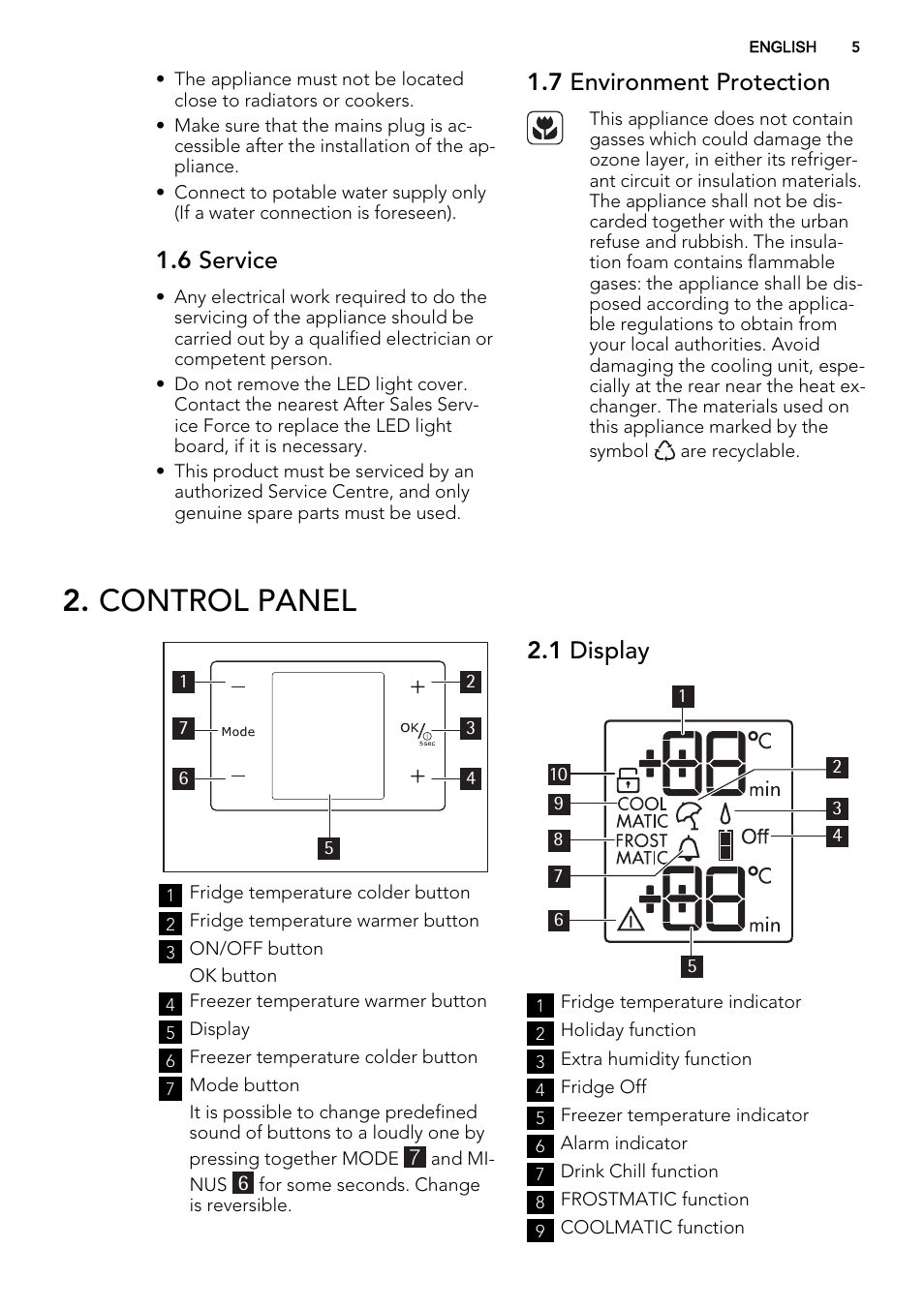 Control panel, 6 service, 7 environment protection | 1 display | AEG S95500XNM0 User Manual | Page 5 / 16