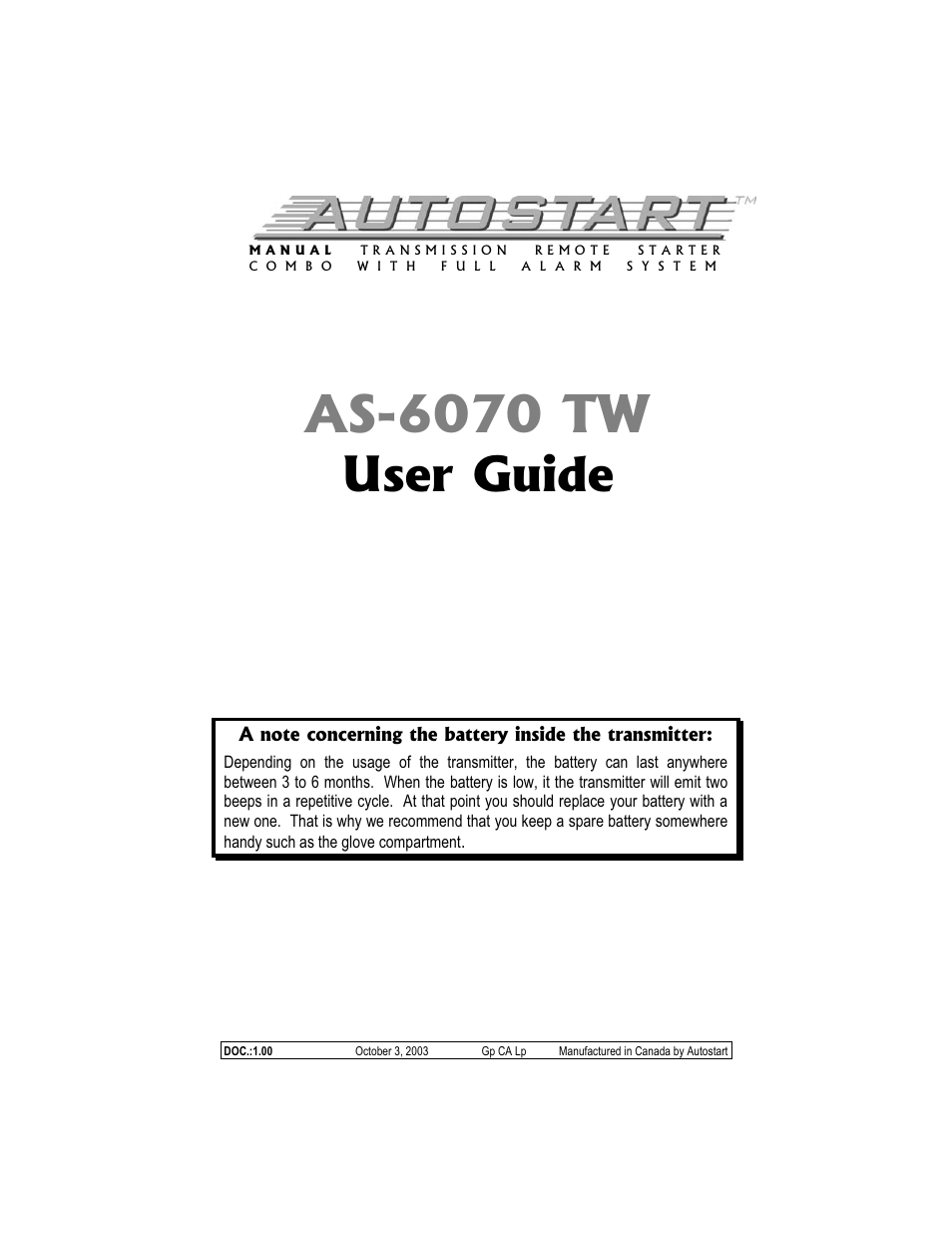 Autostart AS-6070 TW User Manual | 16 pages