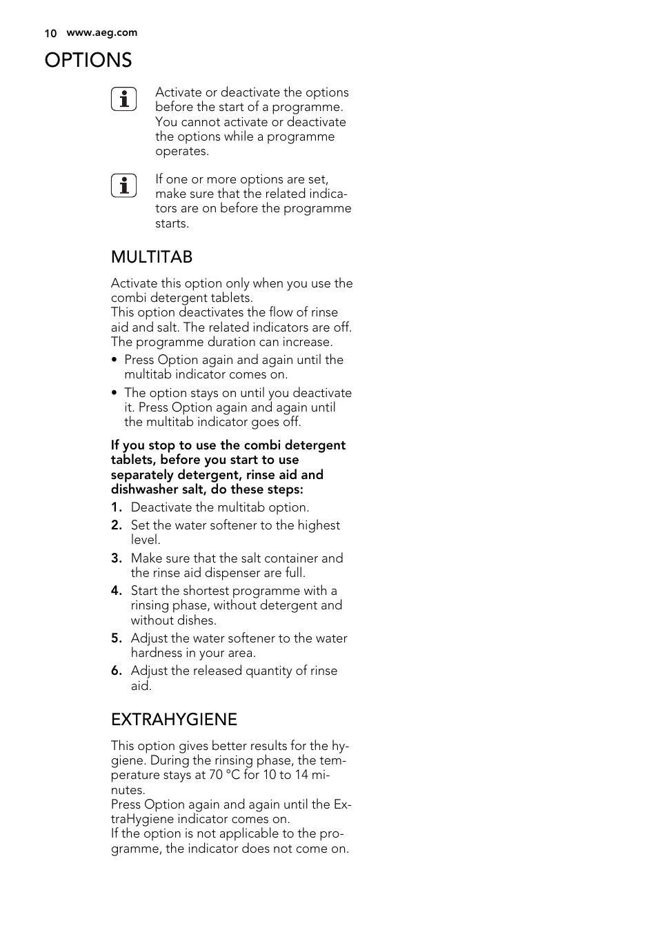 Options, Multitab, Extrahygiene | AEG F77012W0P User Manual | Page 10 / 24