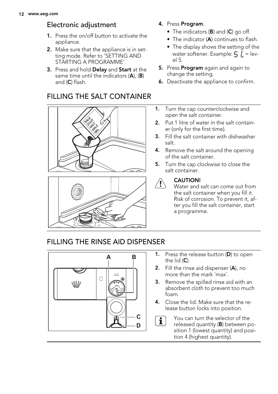 Electronic adjustment, Filling the salt container, Filling the rinse aid dispenser | AEG F77012W0P User Manual | Page 12 / 24