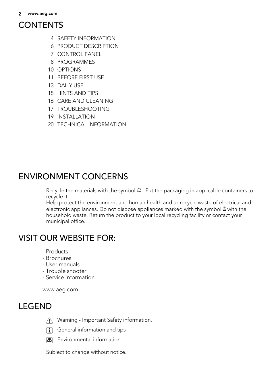 AEG F77012W0P User Manual | Page 2 / 24