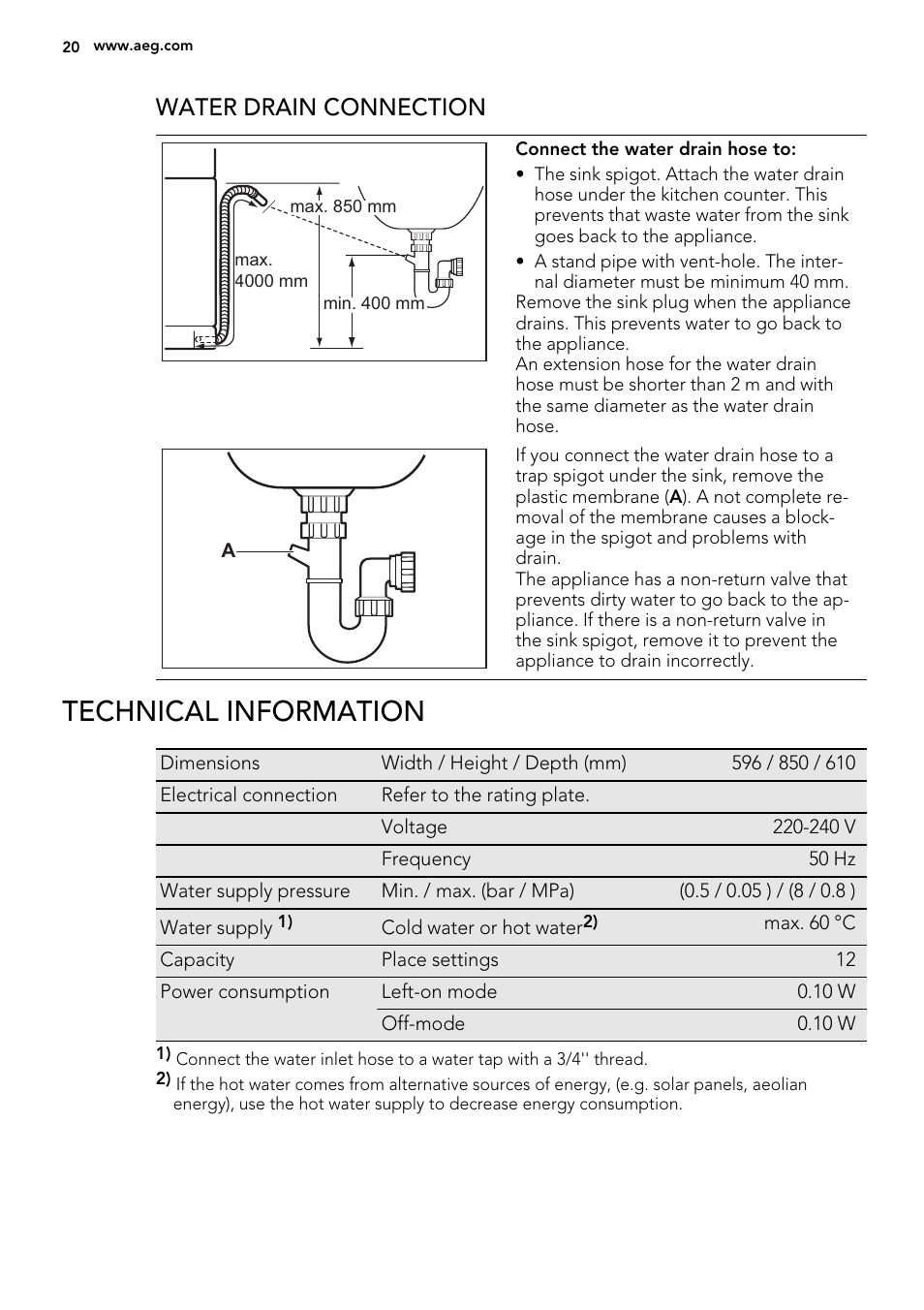 Technical information, Water drain connection | AEG F77012W0P User Manual | Page 20 / 24