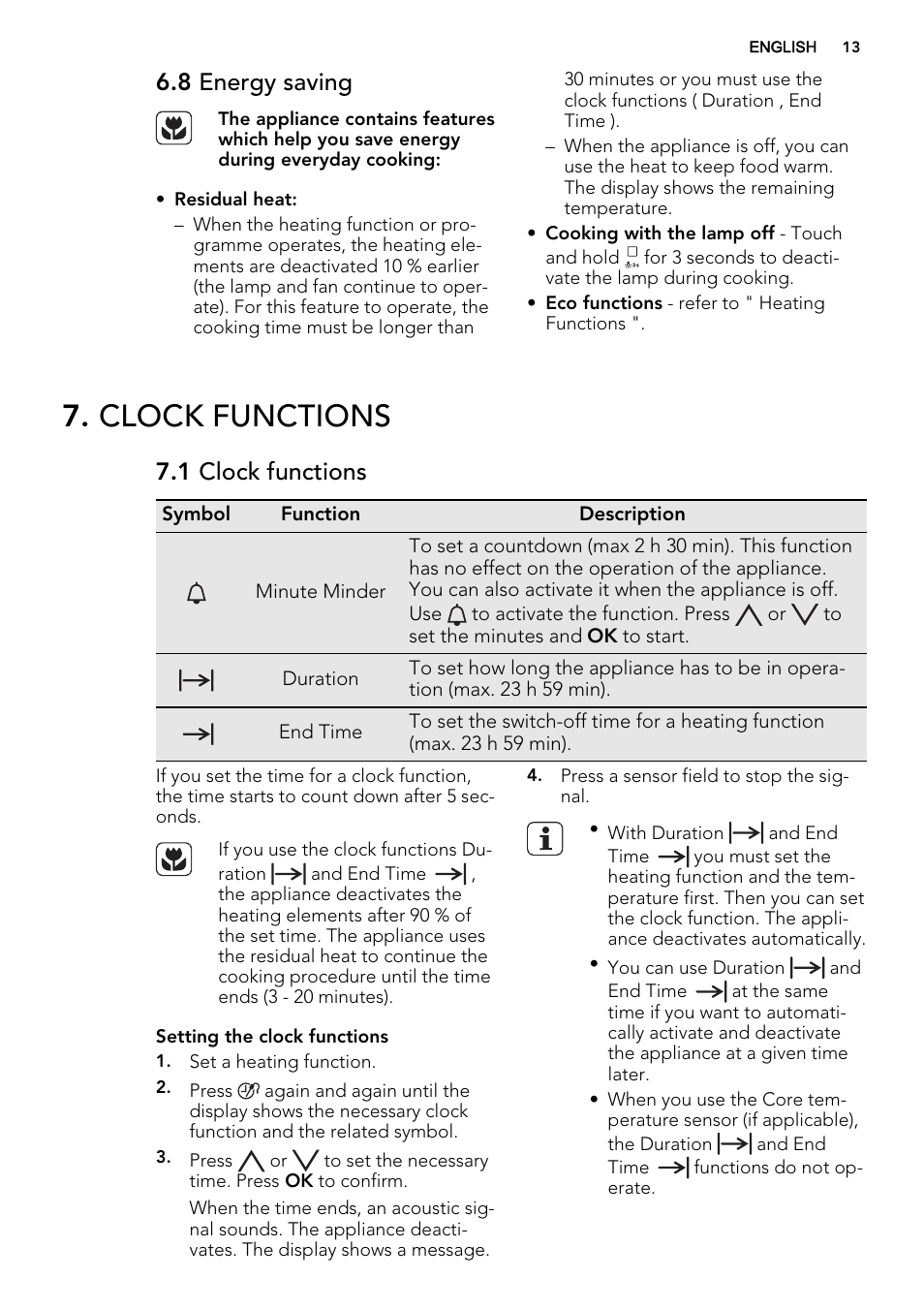 Clock functions, 8 energy saving, 1 clock functions | AEG BP8615001M User Manual | Page 13 / 36