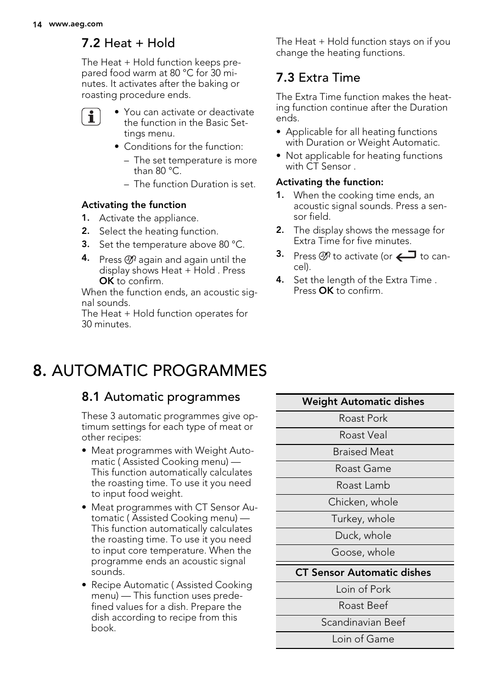 Automatic programmes, 2 heat + hold, 3 extra time | 1 automatic programmes | AEG BP8615001M User Manual | Page 14 / 36