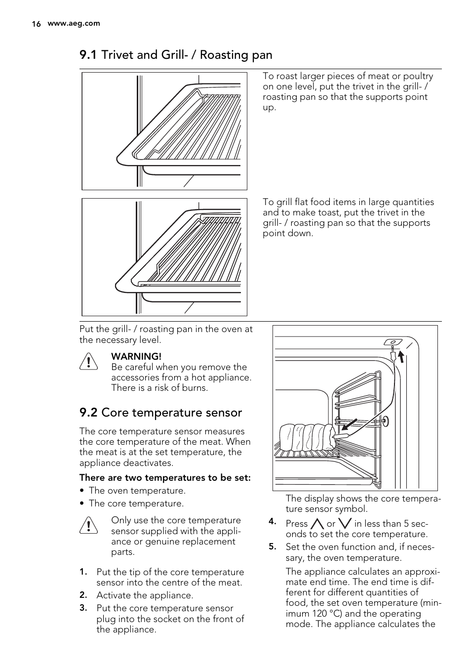 1 trivet and grill- / roasting pan, 2 core temperature sensor | AEG BP8615001M User Manual | Page 16 / 36