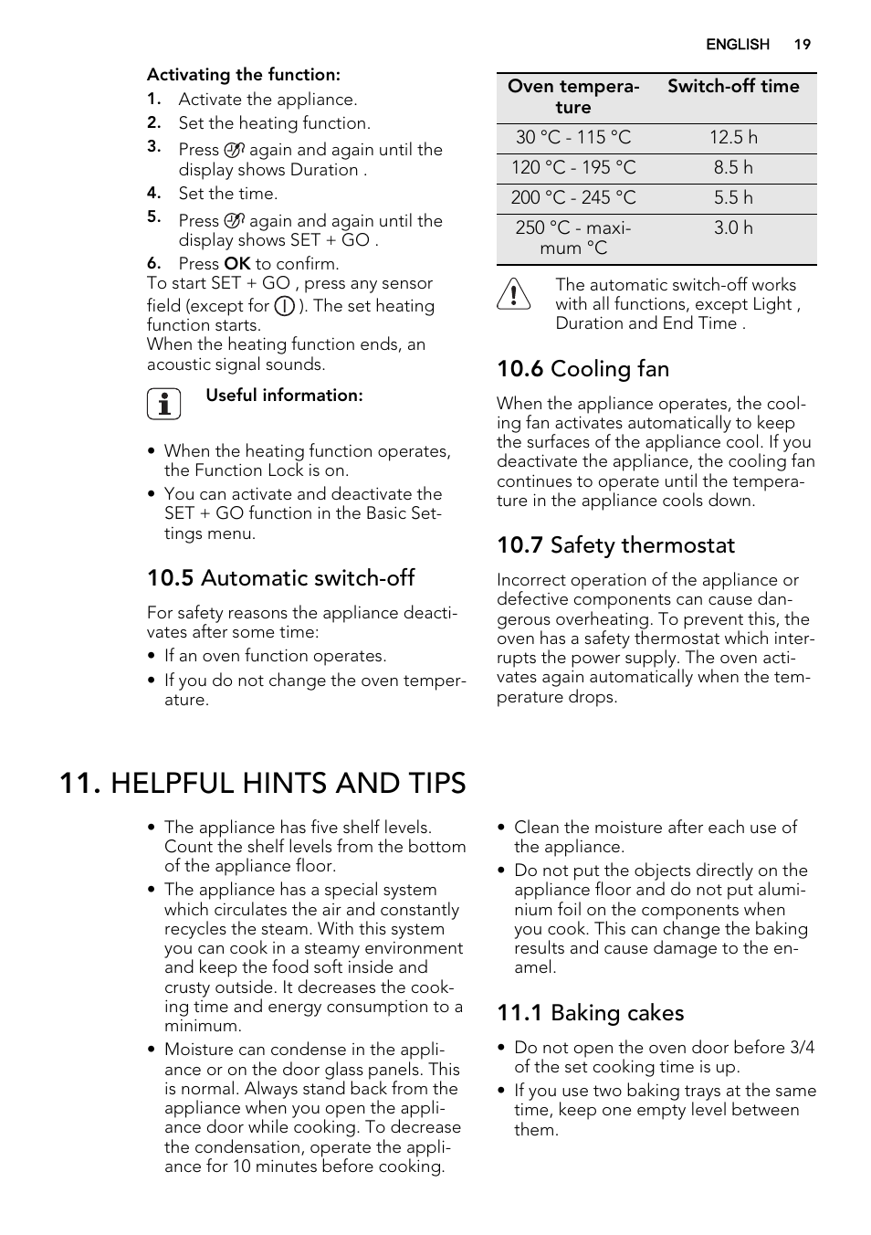 Helpful hints and tips, 5 automatic switch-off, 6 cooling fan | 7 safety thermostat, 1 baking cakes | AEG BP8615001M User Manual | Page 19 / 36