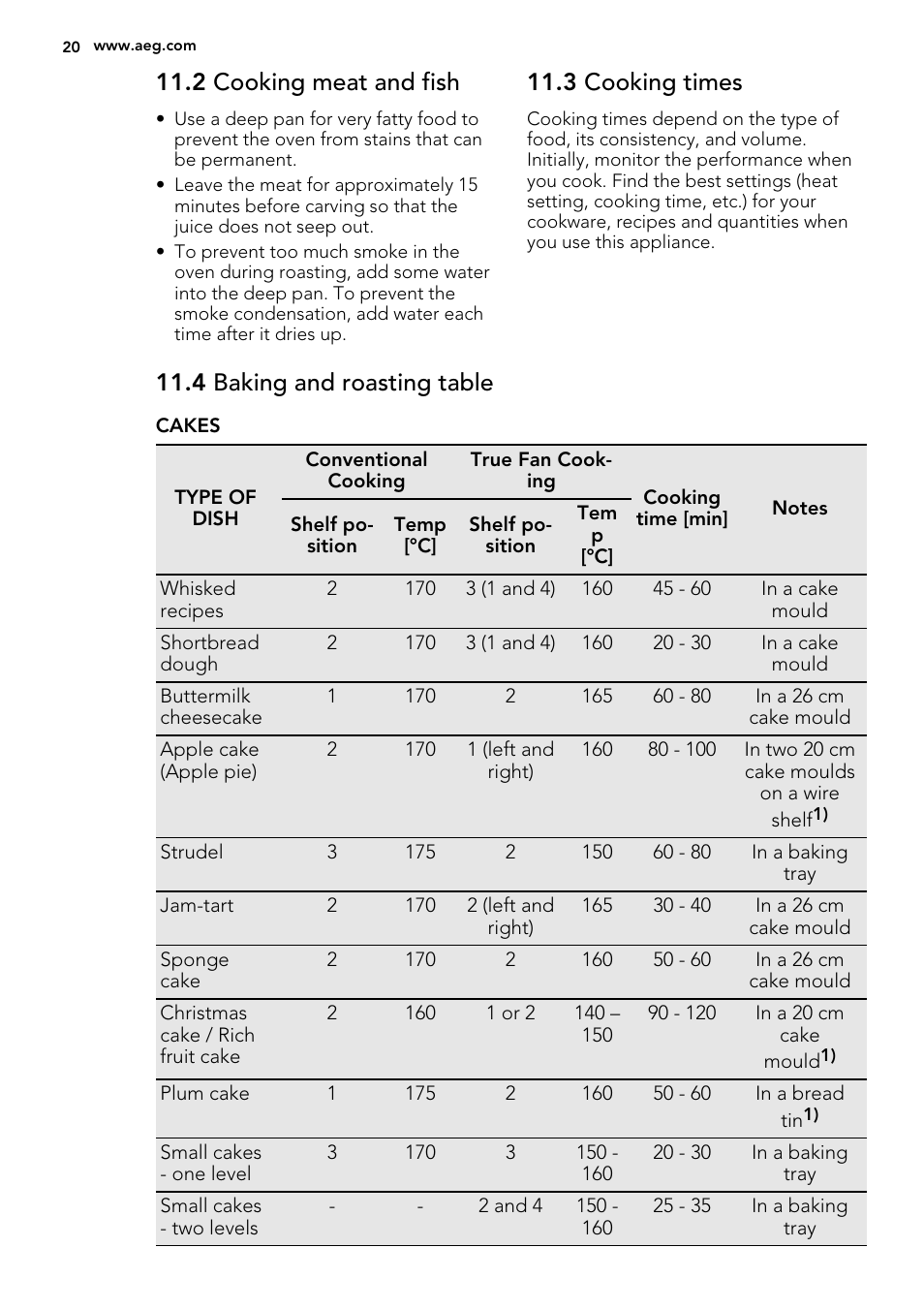 2 cooking meat and fish, 3 cooking times, 4 baking and roasting table | AEG BP8615001M User Manual | Page 20 / 36