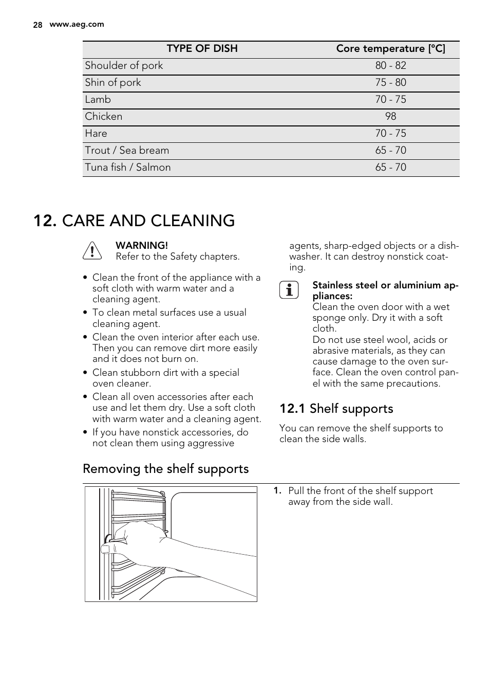 Care and cleaning, 1 shelf supports, Removing the shelf supports | AEG BP8615001M User Manual | Page 28 / 36