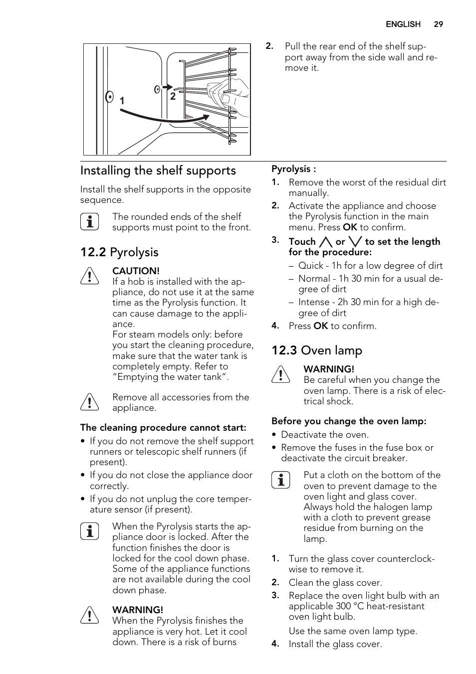 Installing the shelf supports, 2 pyrolysis, 3 oven lamp | AEG BP8615001M User Manual | Page 29 / 36