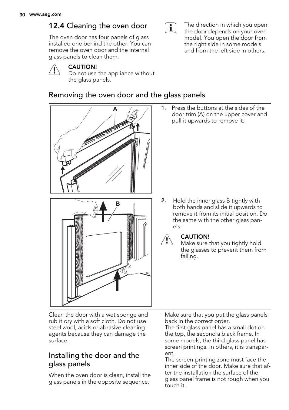 4 cleaning the oven door, Removing the oven door and the glass panels, Installing the door and the glass panels | AEG BP8615001M User Manual | Page 30 / 36
