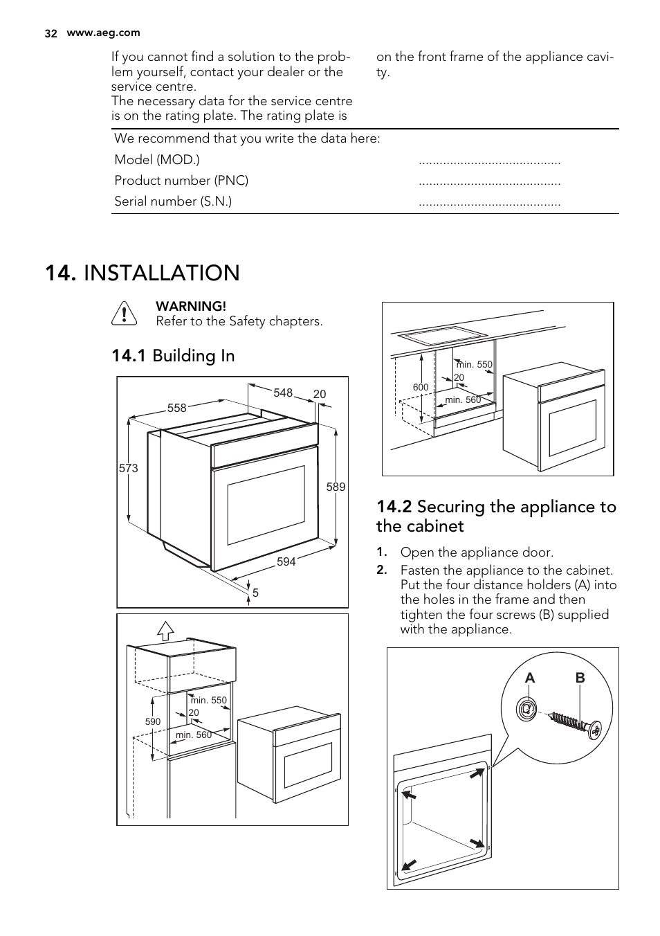 Installation, 1 building in, 2 securing the appliance to the cabinet | AEG BP8615001M User Manual | Page 32 / 36