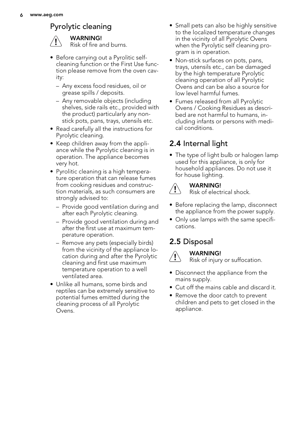 Pyrolytic cleaning, 4 internal light, 5 disposal | AEG BP8615001M User Manual | Page 6 / 36